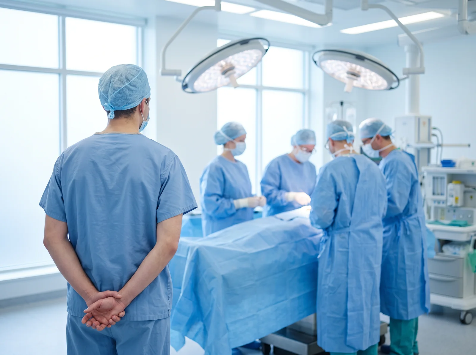 A junior doctor stands back and watches a surgical team at work