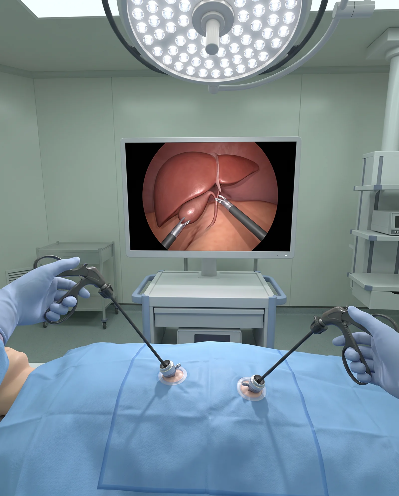 First-person view of a laparoscopic procedure being rehearsed in a virtual theatre